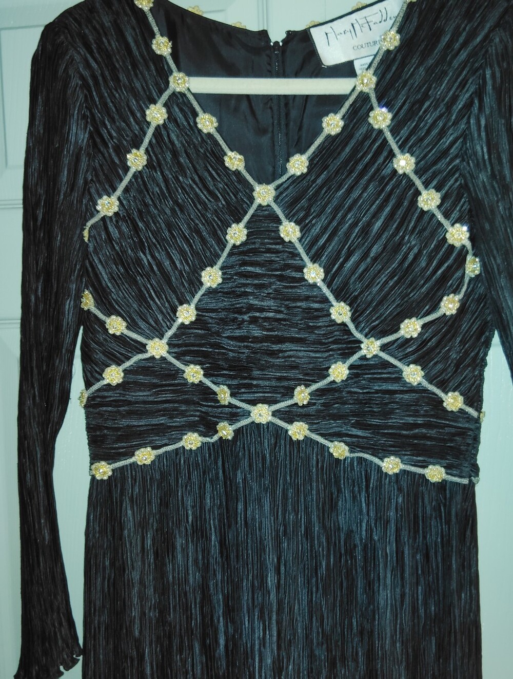 Mary McFadden Couture MAGNIFICENT Black Pleated 80's Gown Gold Beads Sz 4